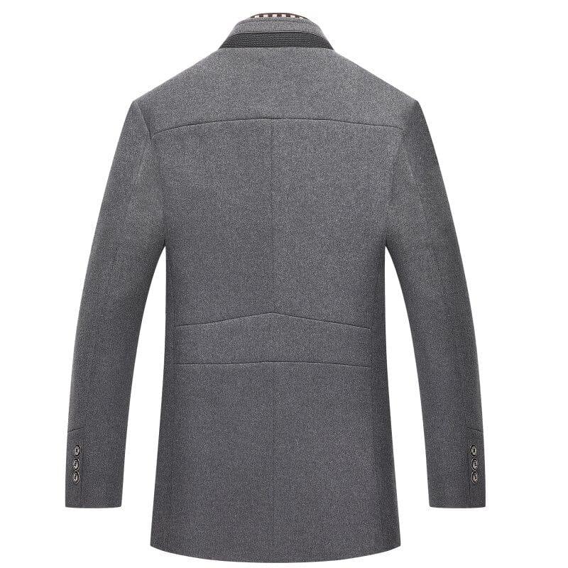 Back view of sleek grey overcoat with buttoned cuffs from Auretier