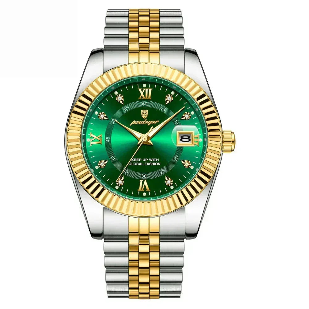 Poedagar 40mm two-tone stainless steel and gold watch with green dial and date display
