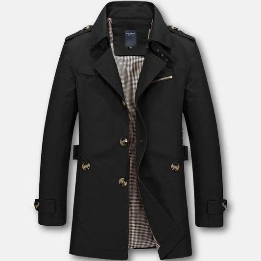 Men's black vintage long coat with double-breasted buttons, styled classic, Auretier fashion