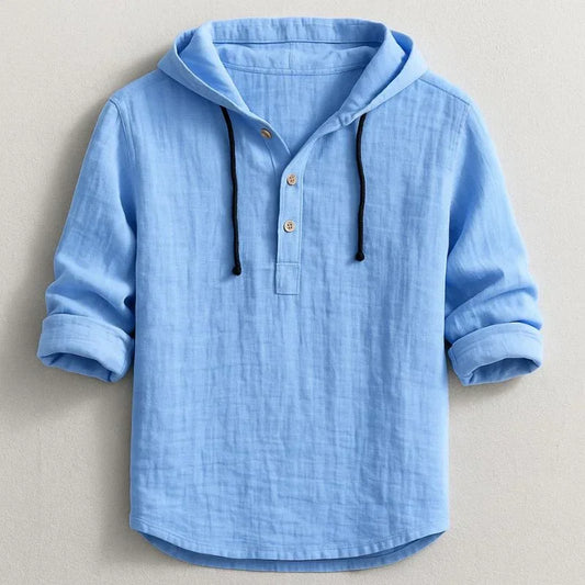 Light blue linen hoodie shirt with buttons and rolled sleeves, Auretier casual fashion.