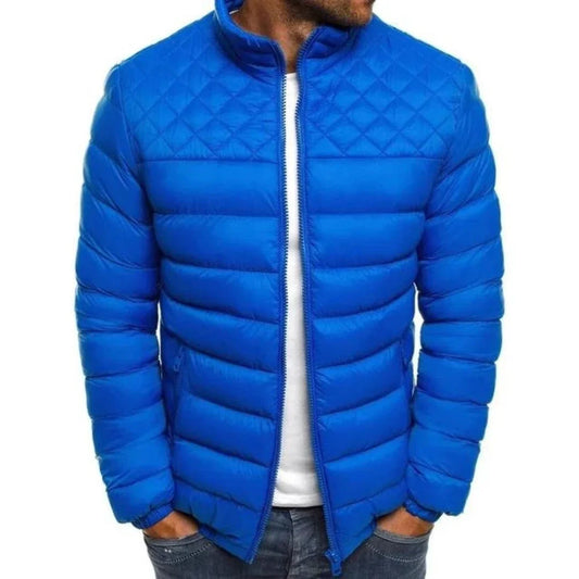 Men's bright blue quilted winter puffer jacket from Auretier, front view