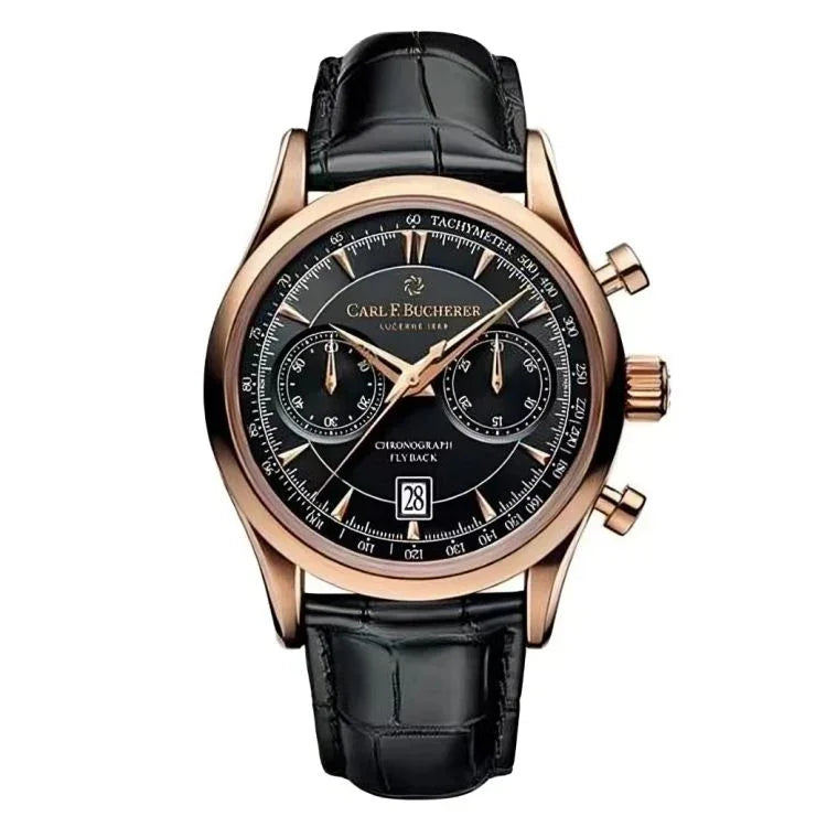 Black and gold luxury chronograph watch with leather strap, product from Auretier.