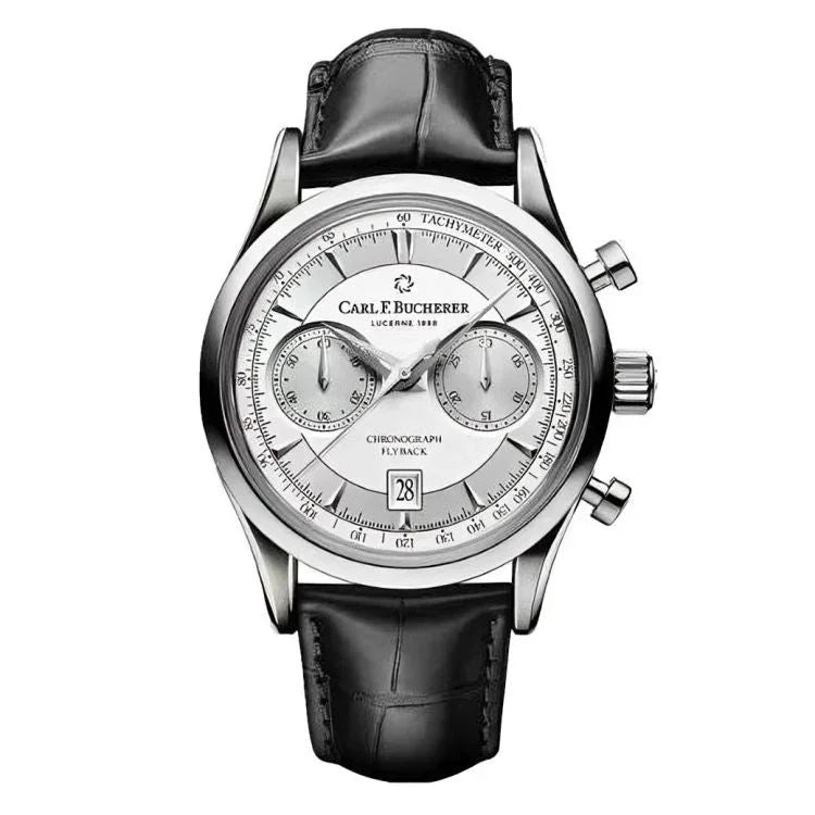 Luxury black and white chronograph watch with leather strap, silver dial, and date window