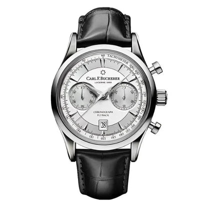 Luxury black and white chronograph watch with leather strap, silver dial, and date window