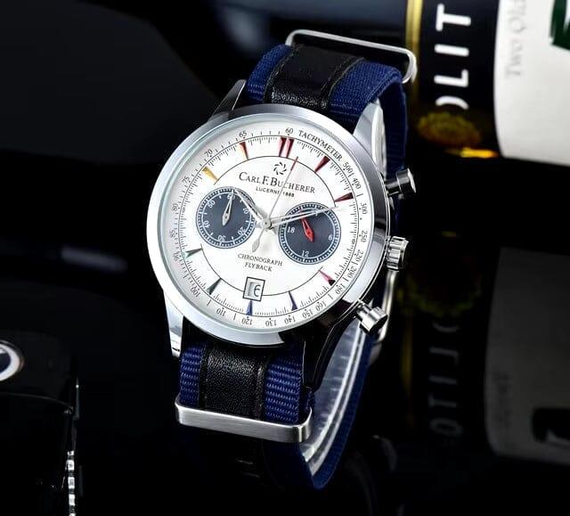 Auretier luxury blue and white chronograph watch with tachymeter and leather strap on display.