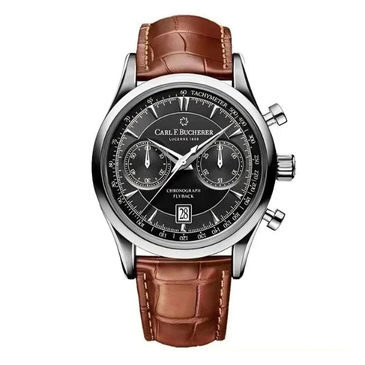 Luxury men's chronograph watch with black dial and brown leather strap, Auretier style.