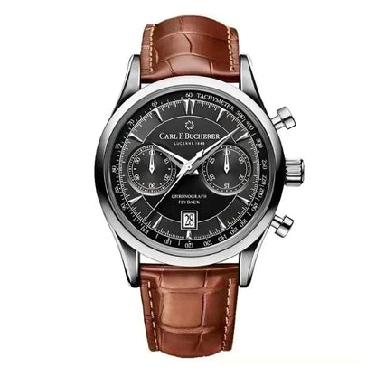 Luxury men's chronograph watch with black dial and brown leather strap, Auretier style.