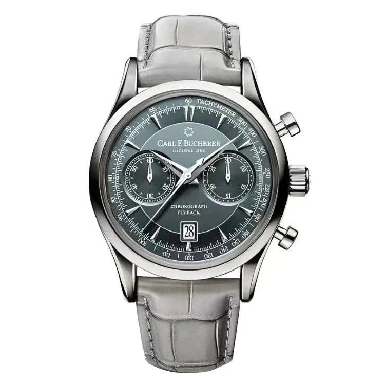 Carl F. Bucherer luxury chronograph watch with green dial and gray leather strap