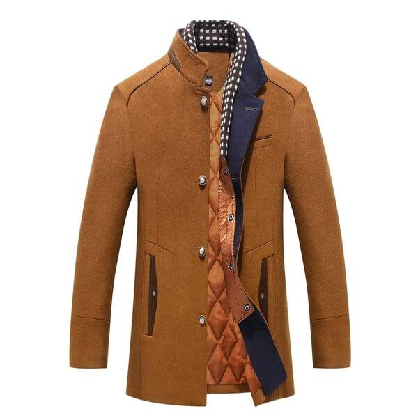 Men's sleek brown overcoat with quilted lining and check scarf from Auretier