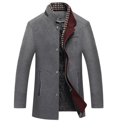 Men's sleek grey overcoat with button closure and patterned inner lining from Auretier