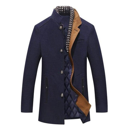 Men's royal blue overcoat with quilted lining, contrast check and brown inner layer, Auretier