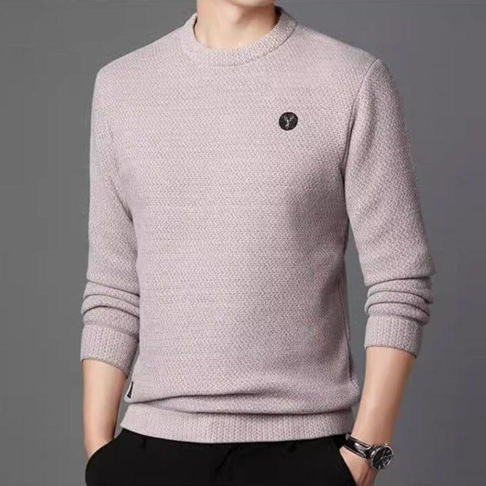 Men’s beige knit sweater with round neck and small black logo, Auretier fashion