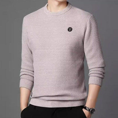 Men’s beige knit sweater with round neck and small black logo, Auretier fashion
