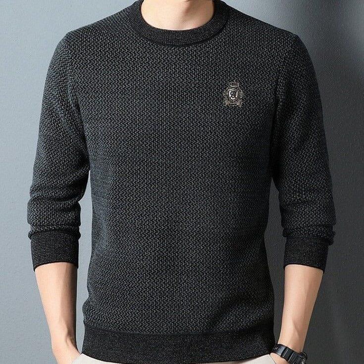 Auretier men’s black knit sweater with textured pattern and logo patch on chest