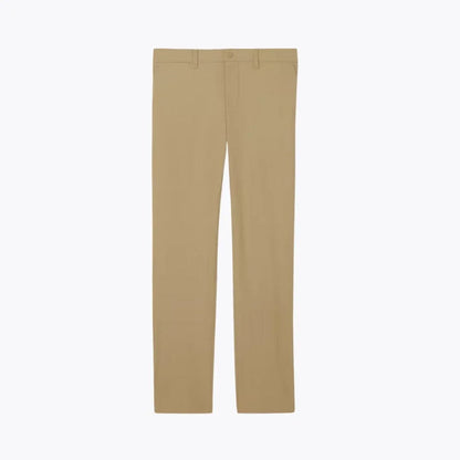 Slim fit stretch beige commuter pants with belt loops by Auretier on white background