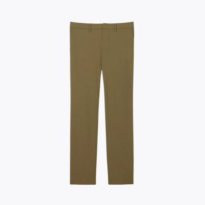 Auretier slim fit khaki green commuter pants with stretch fabric on white background