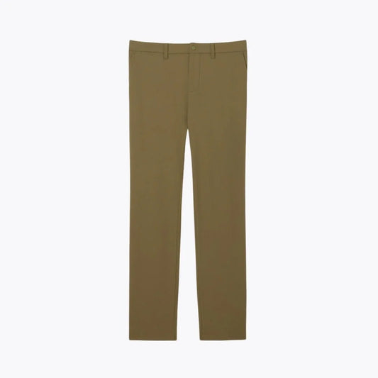 Auretier slim fit khaki green commuter pants with stretch fabric on white background