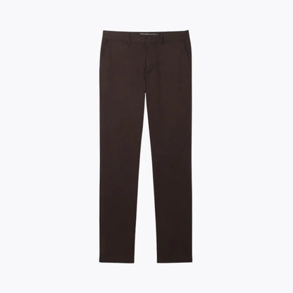 Slim fit stretch cotton chino pants in brown by Auretier, front view on white background