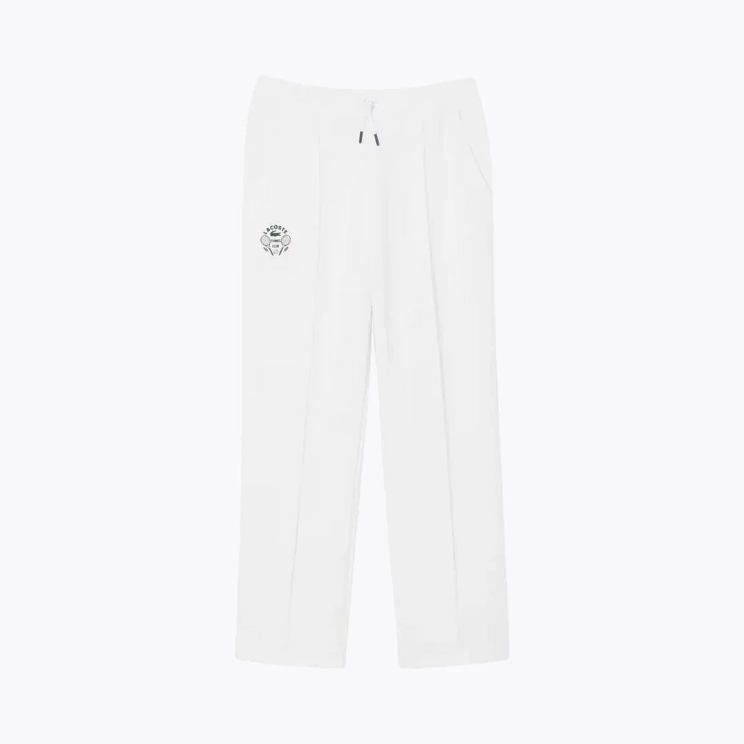 Auretier white sweatpants with tennis logo, drawstring waist, and side pockets on white background