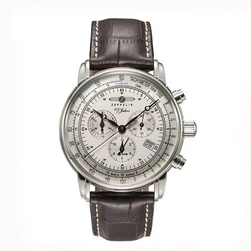 Men's Zeppelin 100 years chronograph watch with silver dial and brown leather strap from Auretier