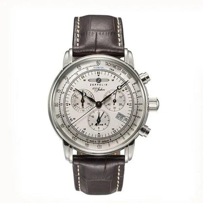 Men's Zeppelin 100 years chronograph watch with silver dial and brown leather strap from Auretier
