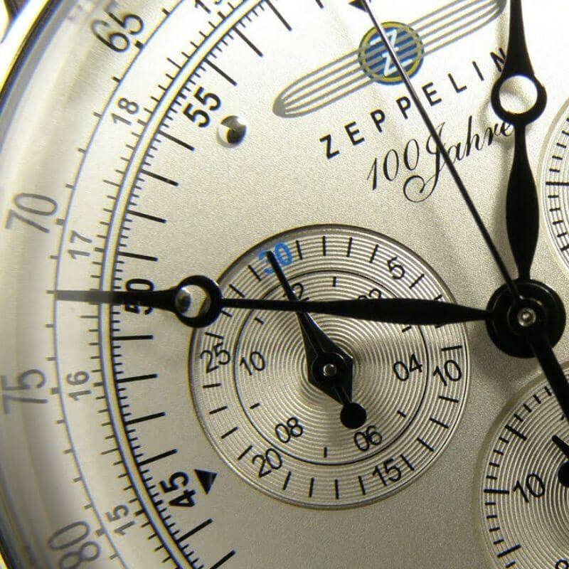 Close-up of Zeppelin 100 Jahre men's chronograph watch face with detailed dials, Auretier