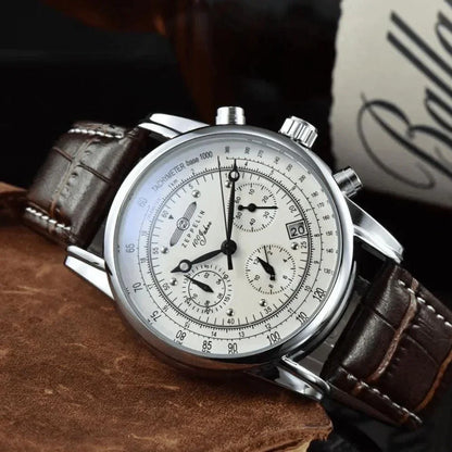 Men's Zeppelin 100 Years chronograph watch with brown leather strap and silver case, Auretier