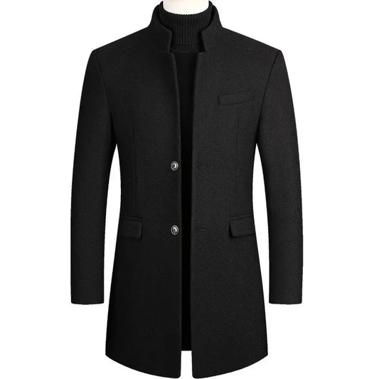 Men's black wool jacket with stand collar, button closure, and flap pockets from Auretier