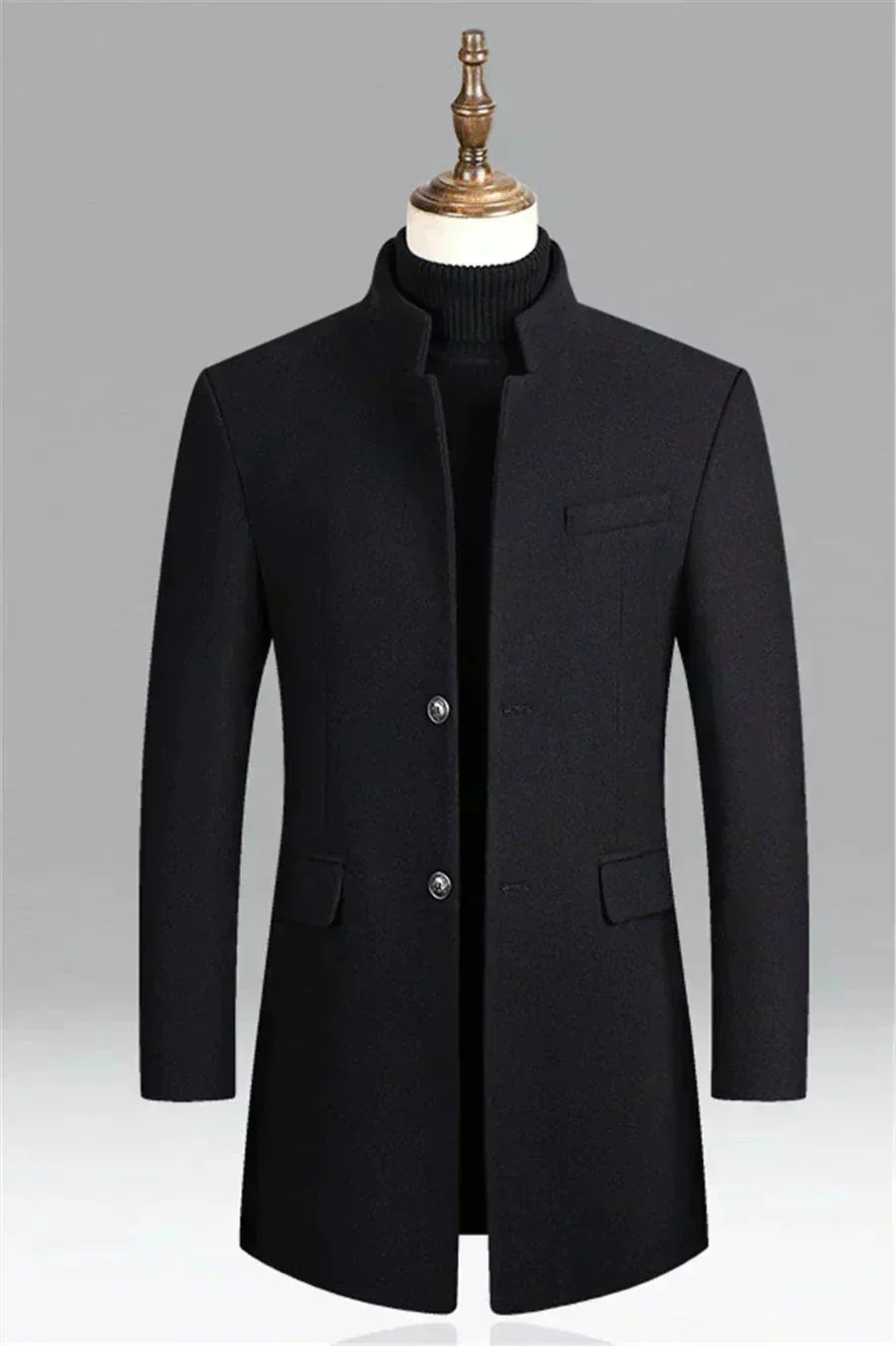 Men's navy wool jacket with stand collar and minimalist design on mannequin, Auretier
