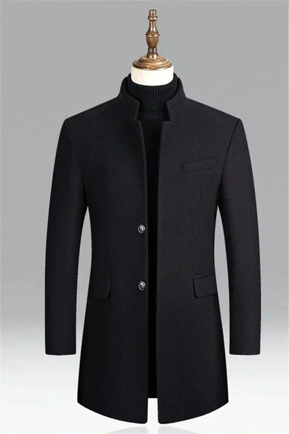 Men's navy wool jacket with stand collar and minimalist design on mannequin, Auretier