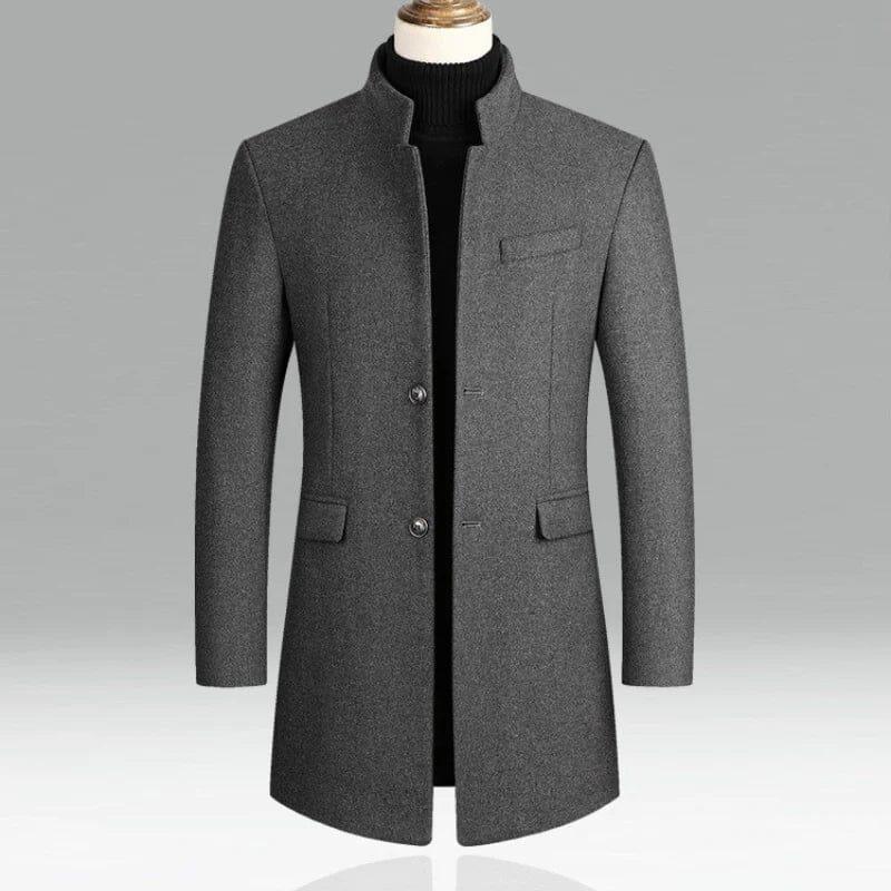 Men's grey wool jacket with stand collar and buttons, stylish outerwear by Auretier