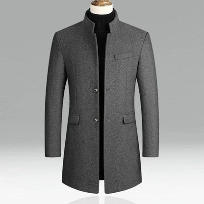 Men's grey wool jacket with stand collar and buttons, stylish outerwear by Auretier