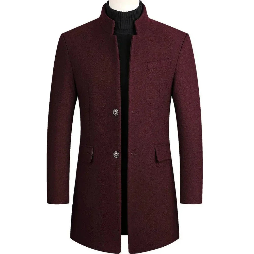 Men's stylish red wool jacket with buttons, mandarin collar, and pockets from Auretier