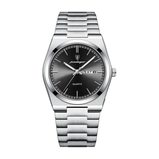 Poedagar Essenza 40mm stainless steel watch, black dial, day-date display, silver bracelet