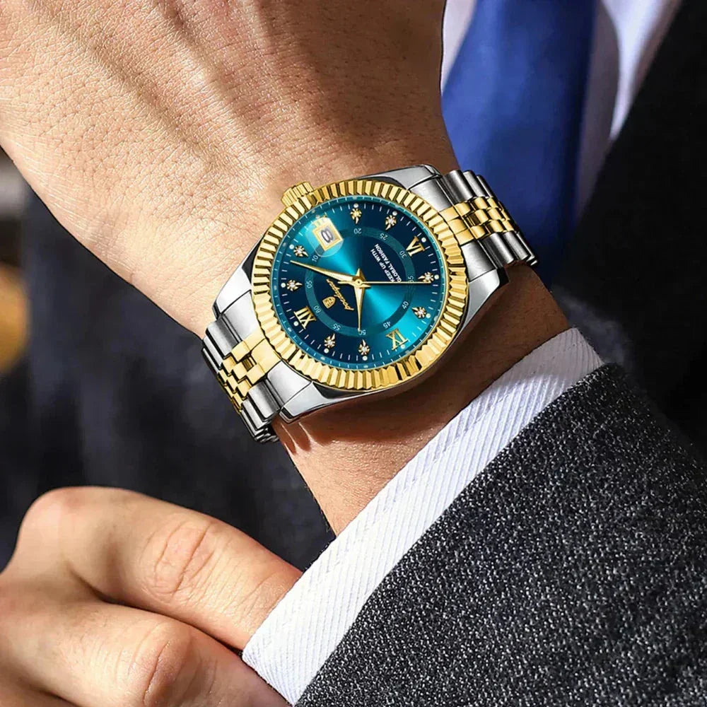 Luxury two-tone gold and silver men's watch with blue dial on wrist, Auretier style