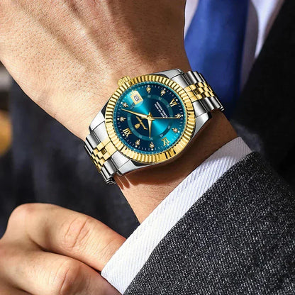 Luxury two-tone gold and silver men's watch with blue dial on wrist, Auretier style