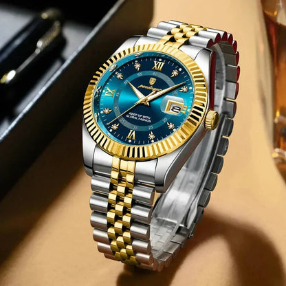 Poedagar Goldenstar 40mm watch with blue dial, stainless steel and gold band on display