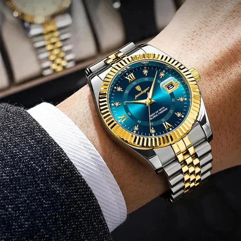 Men’s Poedagar Goldenstar 40mm watch with blue dial, gold bezel, two-tone stainless steel band