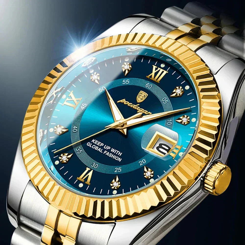 Poedagar Goldenstar 40mm men's watch, blue dial, gold stainless steel, water resistant