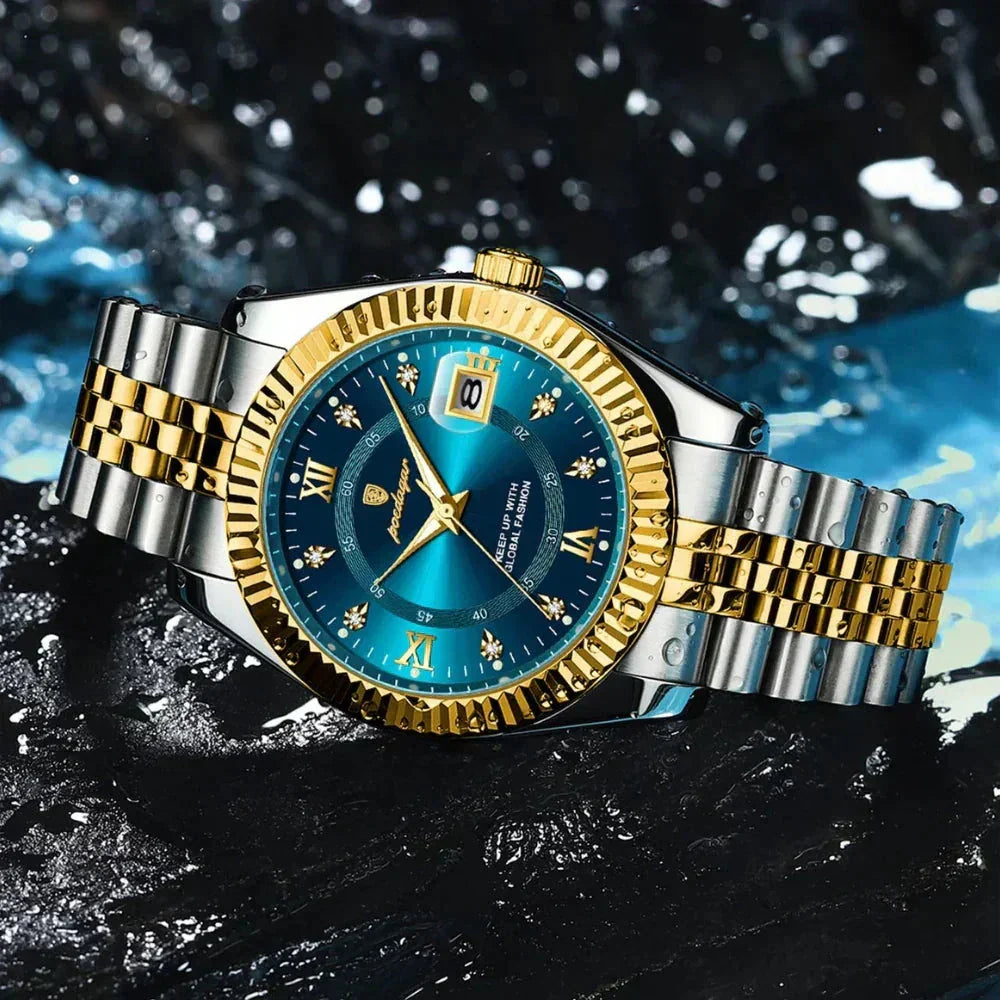 Luxury gold and silver stainless steel men's watch with blue dial, water-resistant, on black rock