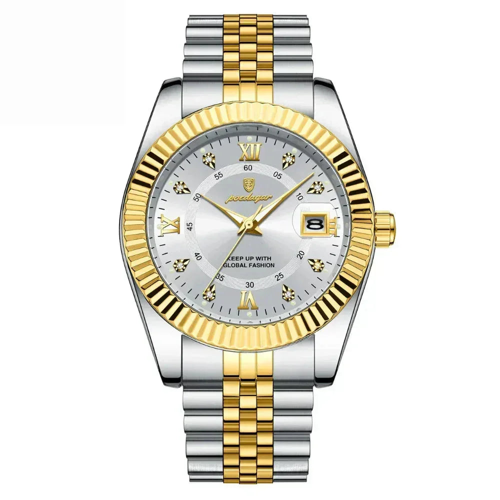 Silver and gold stainless steel men's watch with date display, luxury design at Auretier