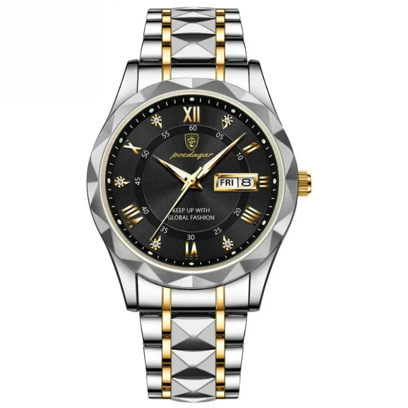Poedagar luminous steel 40mm watch with black dial, gold accents, and water-resistant stainless steel band, available at Auretier.