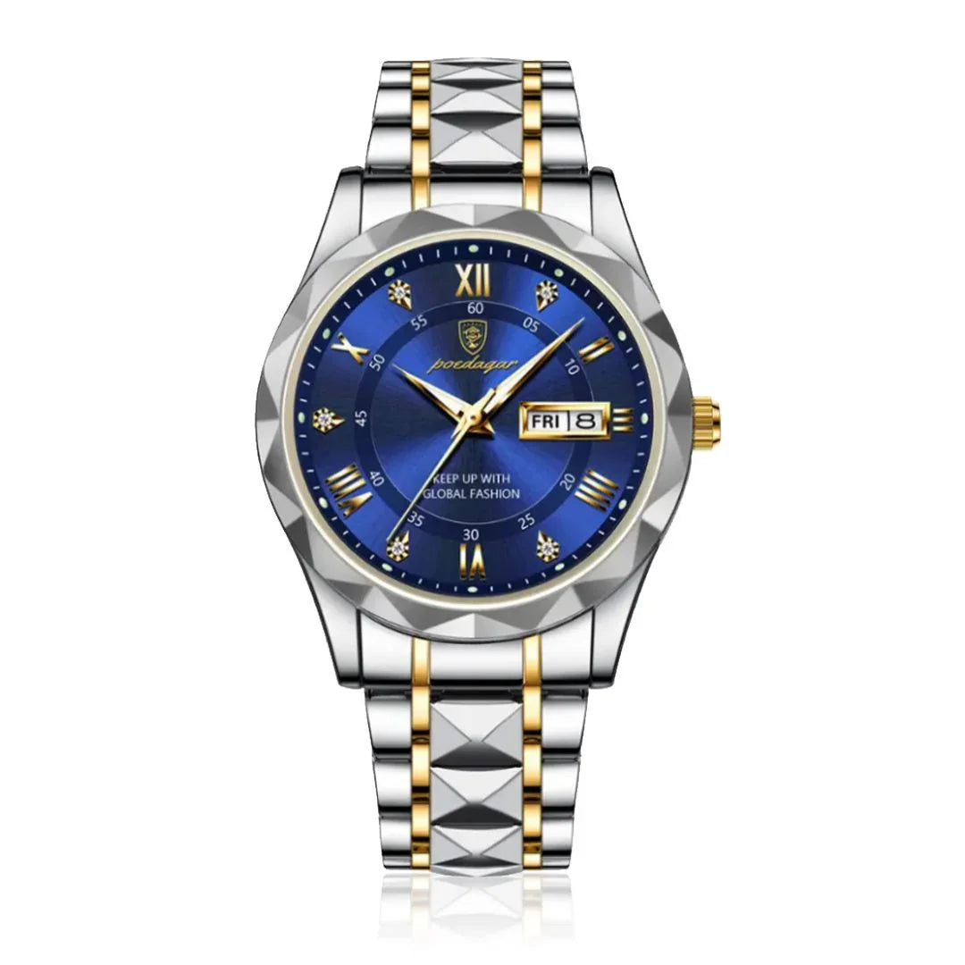 Poedagar 40mm luminous steel watch with blue dial and silver-gold band, Auretier collection