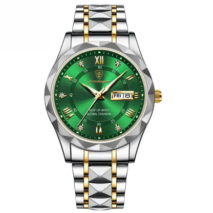 Luxury men's luminous green dial steel watch with gold accents, date display, Auretier