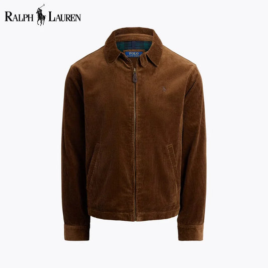 Brown corduroy jacket with collar and front zipper by Ralph Lauren, Auretier fashion