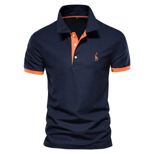 Navy blue and orange sporty polo shirt with short sleeves, Auretier fashion.