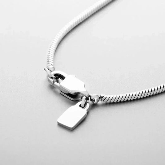 Sleek silver chain necklace with rectangular pendant and secure clasp on a light background