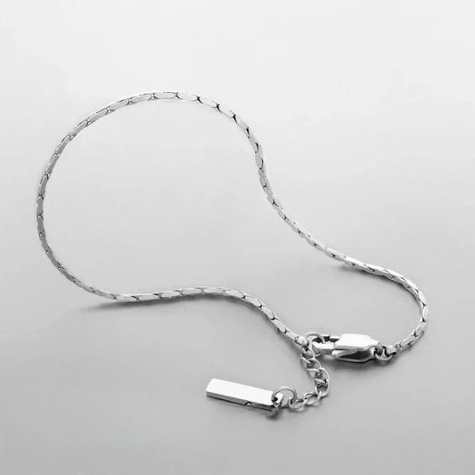 Sleek silver snake chain bracelet with clasp and tag on a plain background, Auretier jewelry