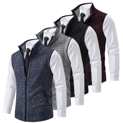 Auretier men's fleece vests in blue, gray, black, and burgundy over white shirts and ties.
