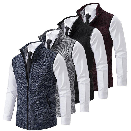 Auretier men's fleece vests in blue, gray, black, and burgundy over white shirts and ties.